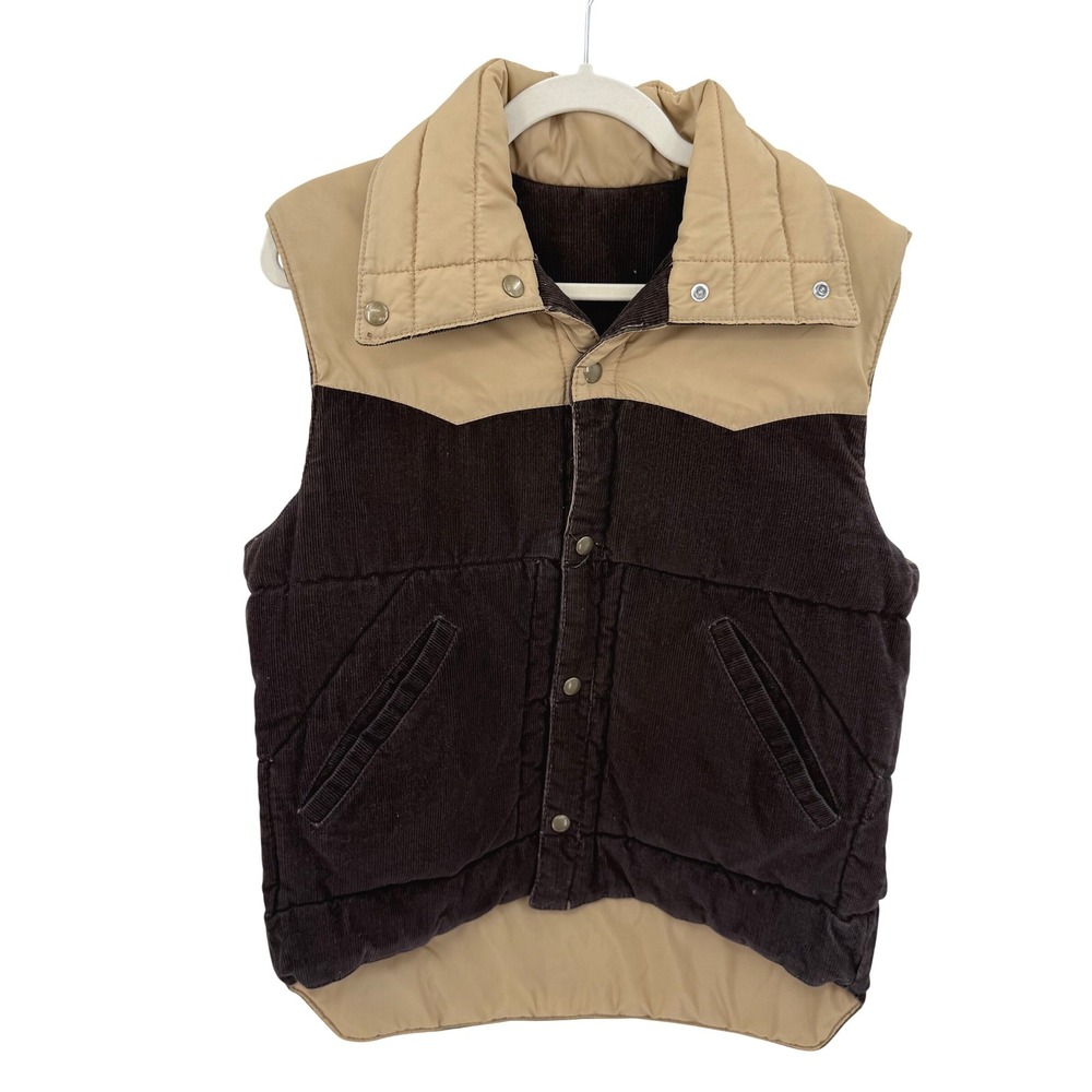 Vintage Sears Style Works Reversible Western Puffer Vest Brown Corduroy Tan M‎